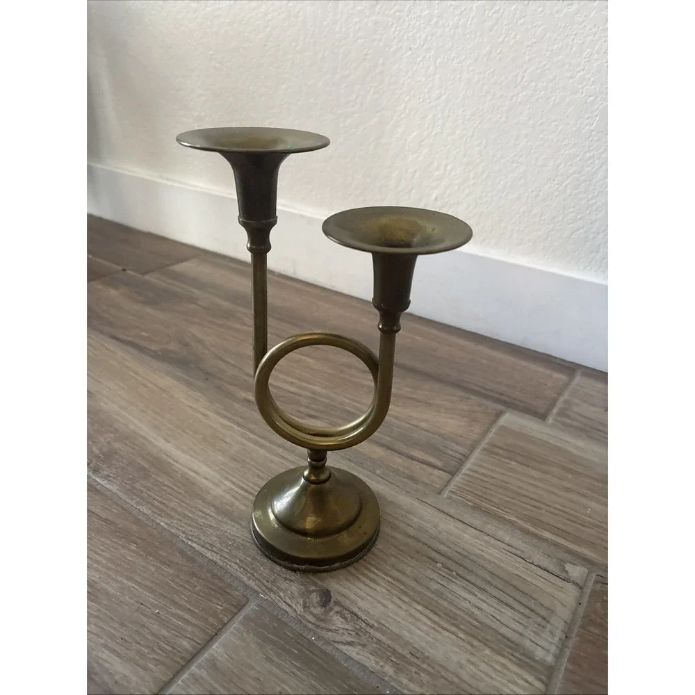Brass Double Candle Holder  French‎ Horn Trumpet Candlestick MCM  11